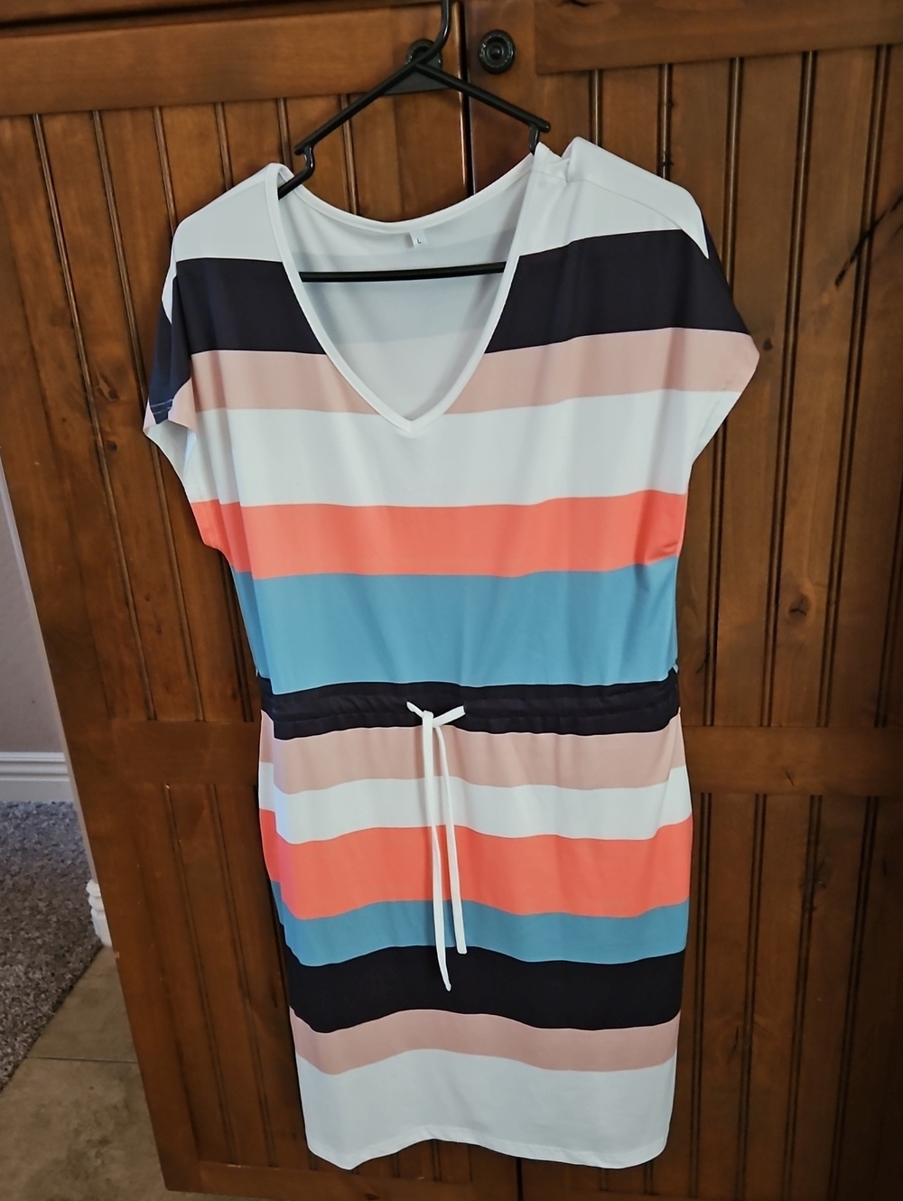 Striped V-Neck Knee Length Dress With Tie At Waist in Coral, Blue & White